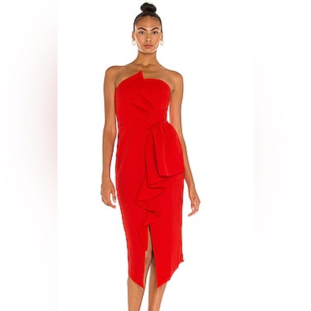 Elliatt Asymmetrical Strapless Red Ruffle Midi Dress gorgeous